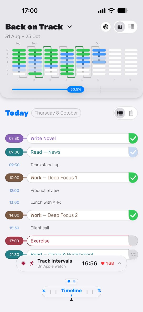 Term's Today screen: the heatmap, progress bar and Timeline